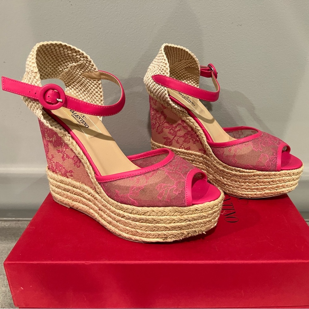 Valentino Hot Pink Lace And Mesh Espadrille Platform Wedge Sandals Size 37.5 - Picture 2 of 7